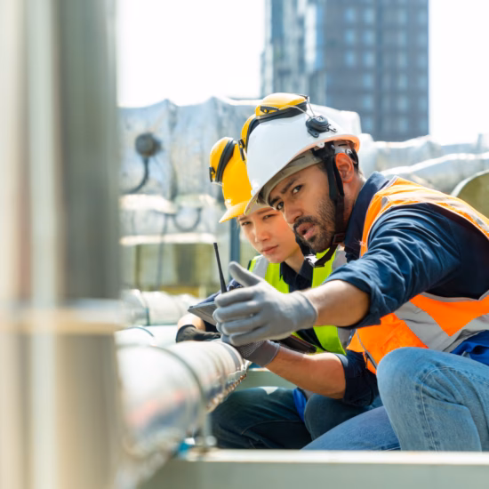Twee technici met veiligheidshelmen en beschermende werkkleding controleren industriële leidingen aan de hand van technische tekeningen en metingen. Normec ondersteunt organisaties met inspecties en technische expertise voor kwaliteit, veiligheid en betrouwbaarheid.