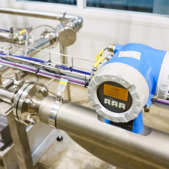 Industriële flowmeter op een waterleiding voor het meten en monitoren van debiet, verbruik en prestaties van de waterinstallatie.