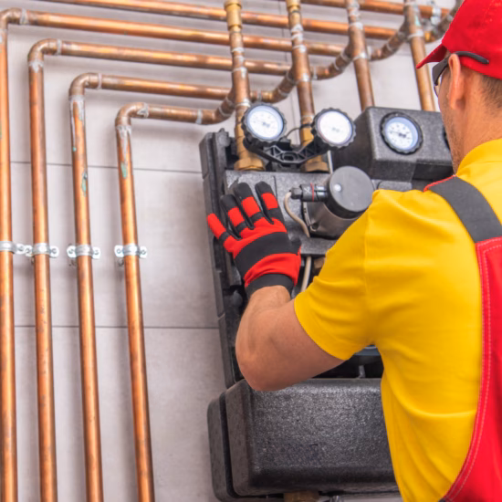 Controle van een technisch installatiesysteem met leidingwerk en meetinstrumenten.