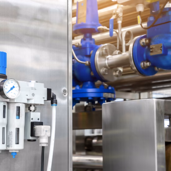 Een drukregelaar is gemonteerd naast industriële leidingen en componenten in een technische installatie.
