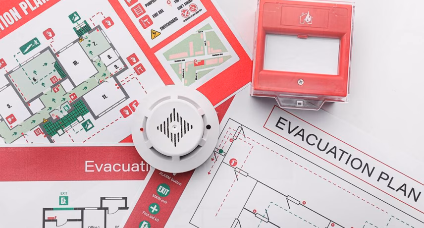 Evacuatieplattegronden met een rookmelder en handbrandmelder ondersteunen de brandveiligheid en noodprocedures.