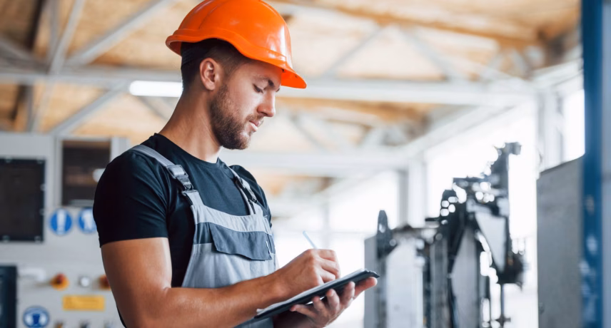 Een technicus registreert bevindingen tijdens een inspectie in een industriële werkomgeving.