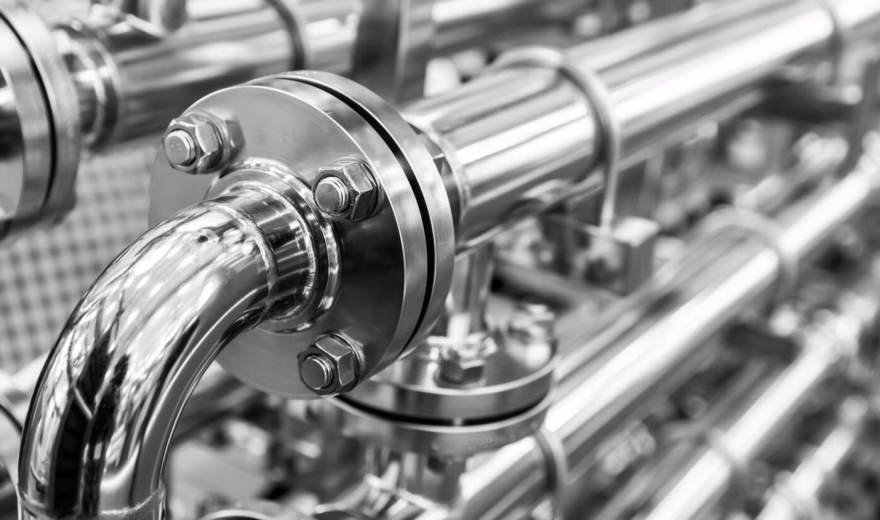 Prozessrohrleitungen aus Edelstahl mit Flanschverbindungen in einer Industrieanlage