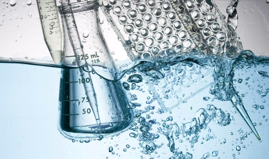 Laboratoriumglaswerk met maatbekers, pipetten en reageerplaten onder water, zichtbaar tijdens een test- of analyseomgeving.