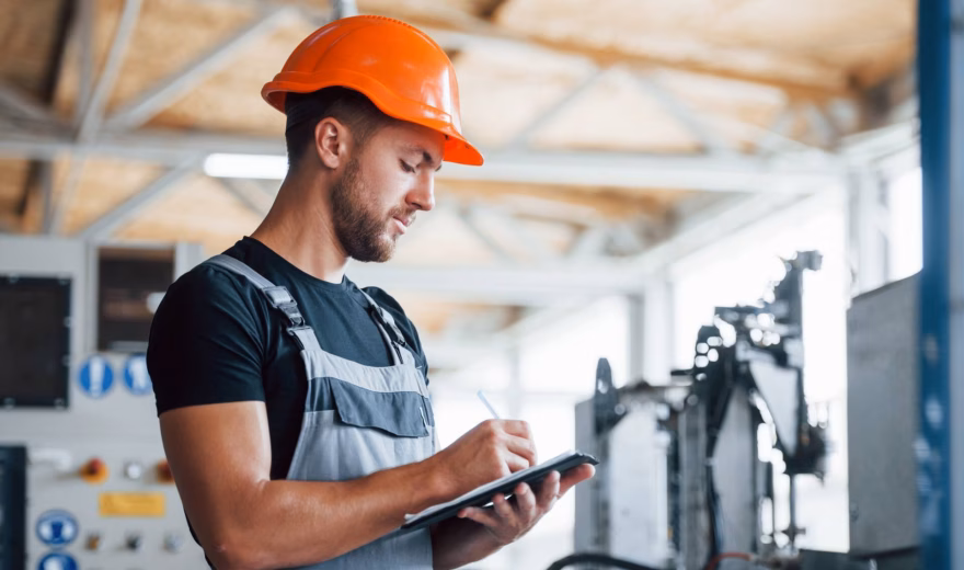 Un technicien effectue une inspection à l'aide d'une tablette dans un environnement de production industrielle.