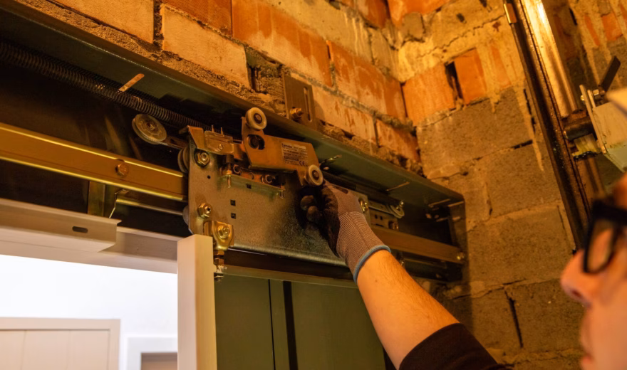 Ein Techniker führt eine Inspektion oder Einstellung eines Türmechanismus in einer bestehenden gemauerten Konstruktion durch.