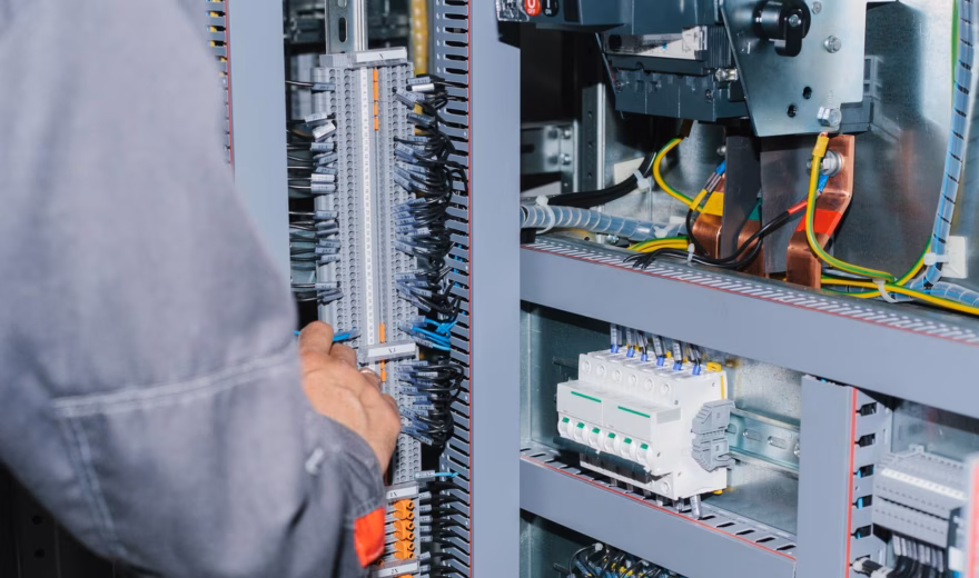 Un technicien effectue des travaux d'inspection ou d'entretien sur une armoire électrique ouverte.