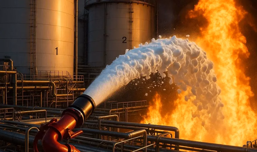 A fire suppression monitor sprays a powerful jet of water at an industrial fire near storage tanks at a petrochemical plant.