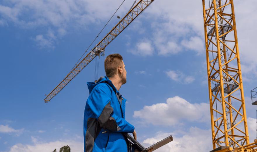 Een medewerker controleert gegevens op een tablet naast een bouwkraan op een bouwplaats.