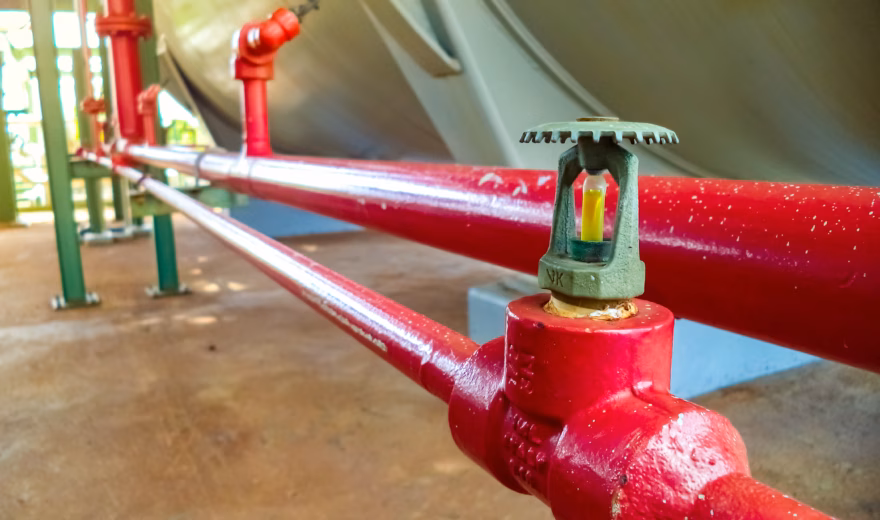 Rode industriële leidingen met sprinklerkop in een technische installatie voor brandbeveiliging