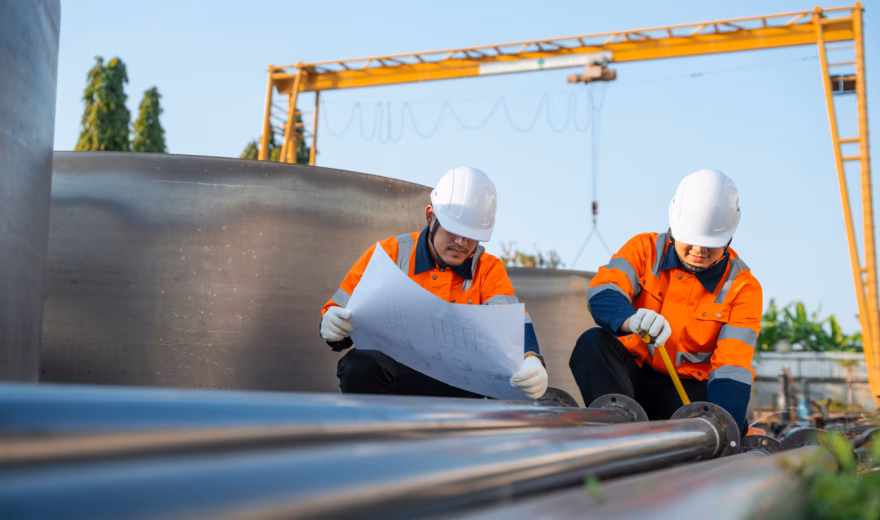 Deux techniciens équipés de casques de sécurité et de vêtements de travail réfléchissants procèdent à l'inspection de conduites et d'installations industrielles. Grâce à ses inspections réalisées par des experts, Normec contribue à la qualité, à la sécurité et à la fiabilité des processus industriels.