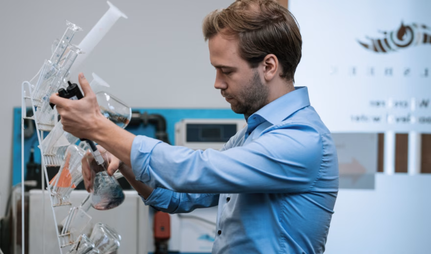 Laboratoriummedewerker voert een wateranalyse uit met glaswerk en meetapparatuur voor onderzoek naar waterkwaliteit en waterveiligheid.