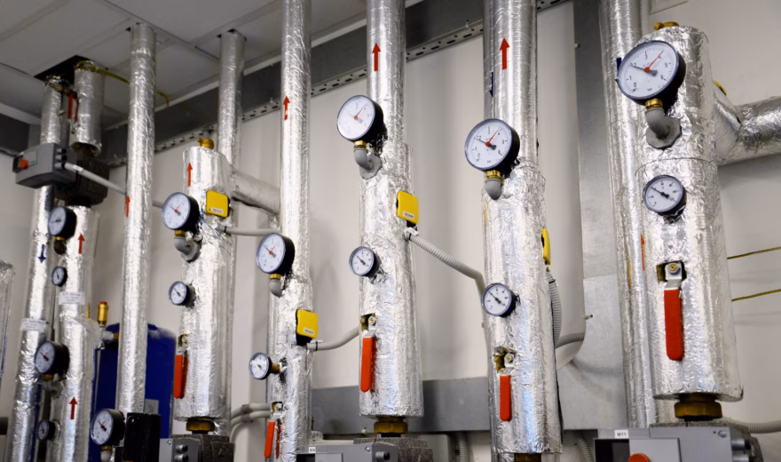 Technische installatie met geïsoleerde leidingen, afsluiters en drukmeters voor monitoring van het systeem.