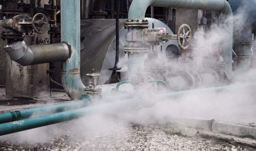 Steam pipes and valves are part of an industrial system for process and energy supply.