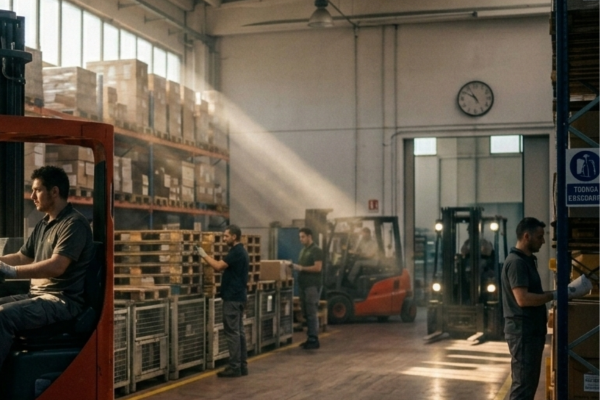 Les employés travaillent au sein d’un entrepôt très actif équipé de rayonnages à palettes, de chariots élévateurs et de zones de stockage, mettant en avant les opérations d’entreposage, la gestion logistique, le contrôle des stocks, l’efficacité de la chaîne d’approvisionnement et les services de distribution dans un environnement industriel moderne.