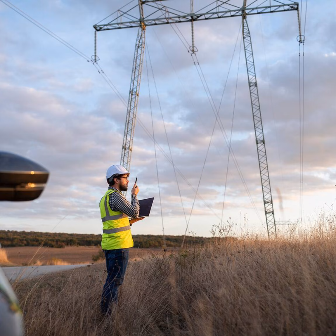 A person wearing a safety vest uses a tablet near high-voltage power lines during a field inspection in an open landscape.