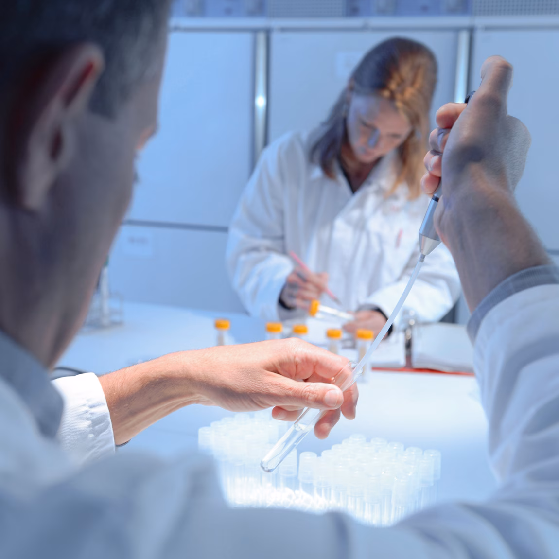 Laboratoriummedewerkers verwerken en analyseren vloeistofmonsters met pipetten in een modern onderzoekslaboratorium.