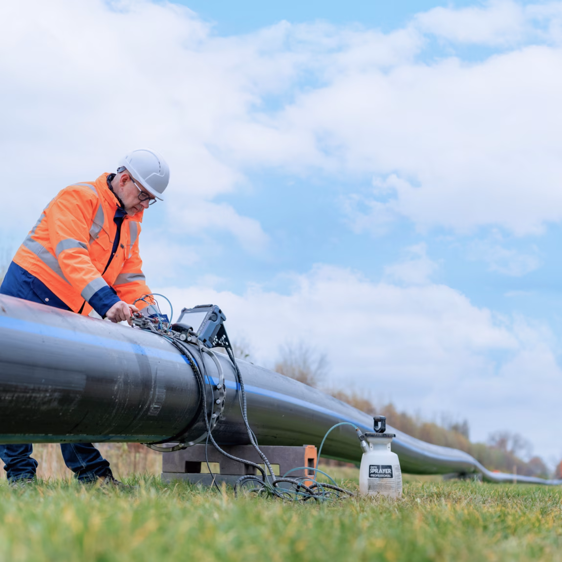 A man is inspecting a large pipe in a grassy field, wearing a reflective jacket and a safety helmet.