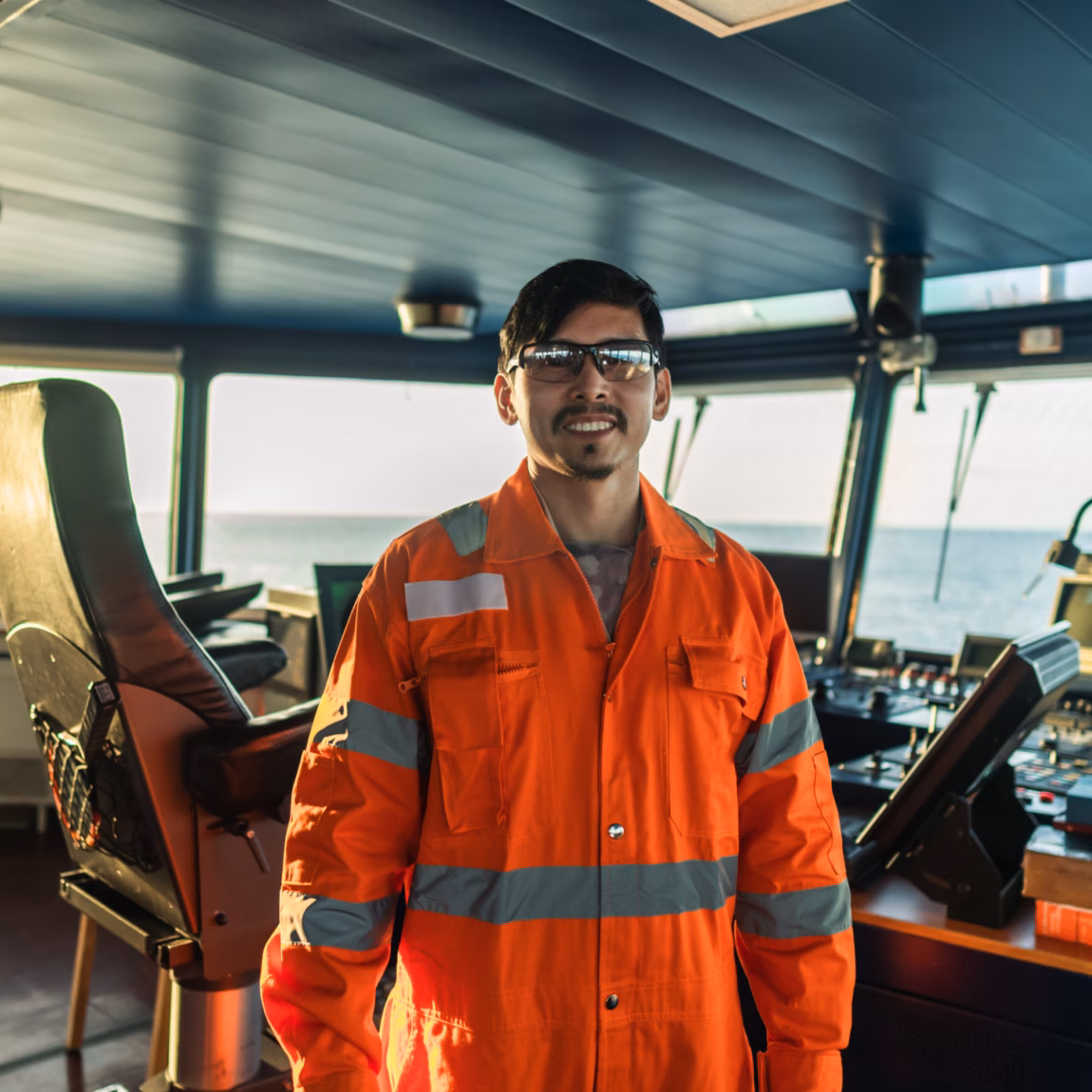 A deck officer is on the bridge of a vessel, wearing a coverall during a navigation watch at sea.