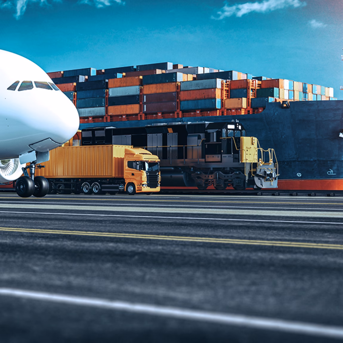 Vrachttransport met containerschip, vrachtwagen en vliegtuig in een logistieke havenomgeving