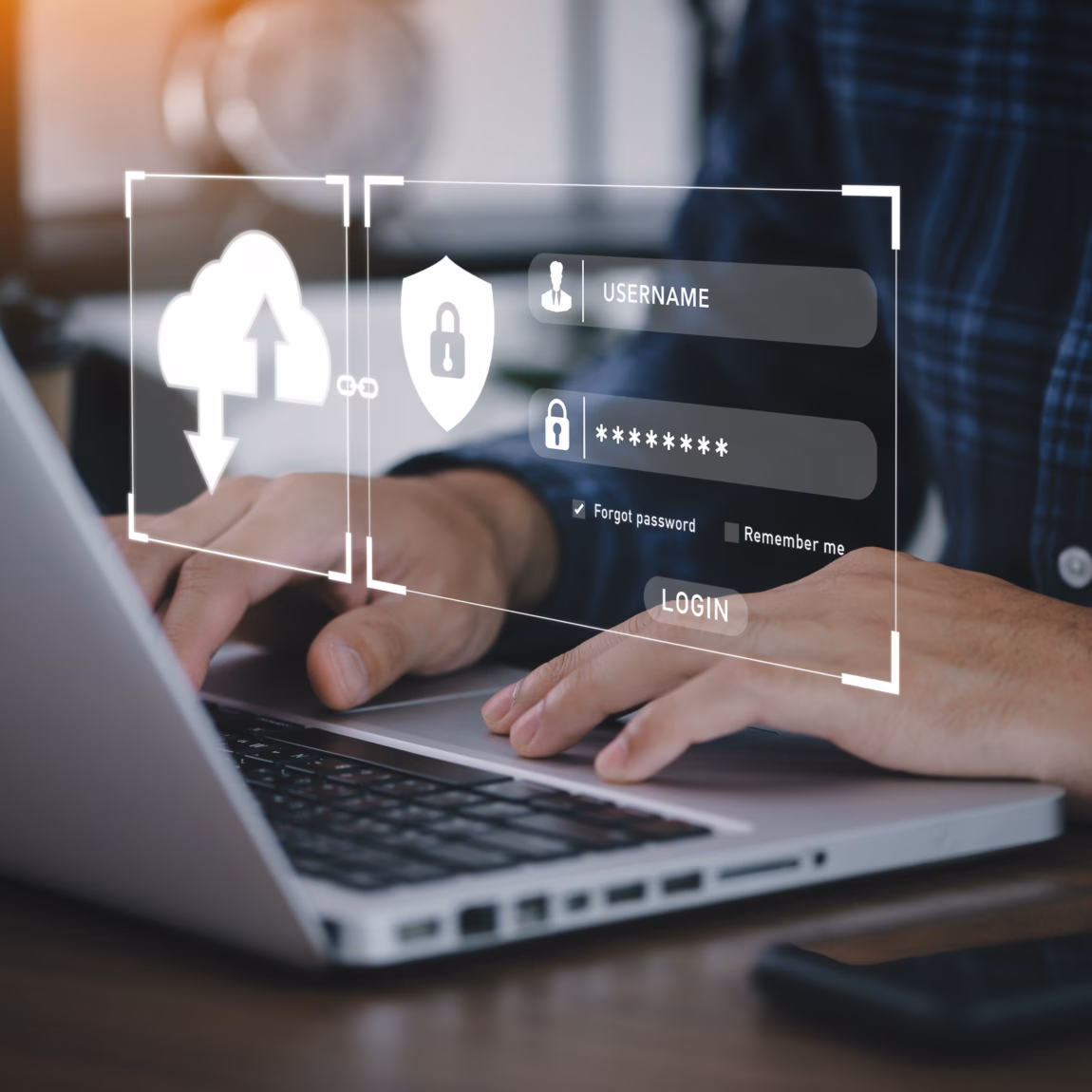 user typing login and password in the concept of cyber security, information security, data protection, and encryption for secure access to user's personal information