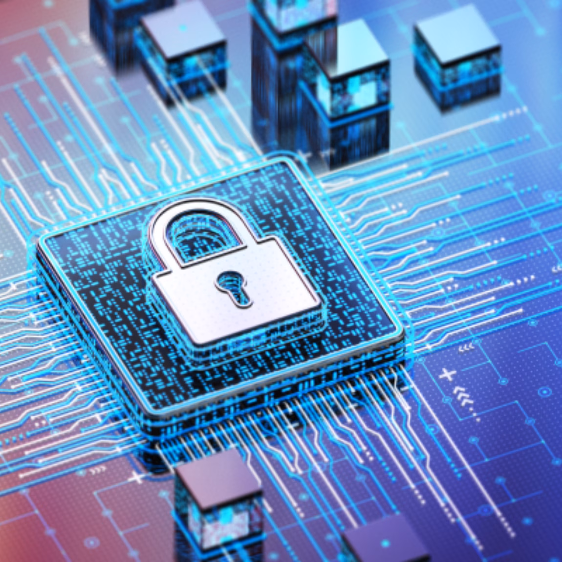 Digitale Illustration eines sicheren Mikrochips mit einem Vorhängeschloss-Symbol in der Mitte, der mit umgebenden Netzwerkkomponenten verbunden ist und die Themen Cybersicherheit, Datenschutz, Informationssicherheitsmanagement, sichere digitale Infrastruktur, Einhaltung gesetzlicher Vorschriften sowie fortschrittliches Technologierisikomanagement hervorhebt.