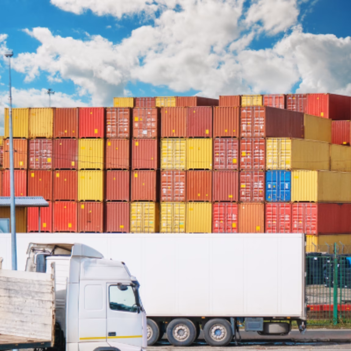 Vor gestapelten Versandcontainern in einem geschäftigen Logistikterminal sind Lastkraftwagen im Einsatz, was die Bedeutung von globalem Lieferkettenmanagement, Gütertransport, internationalem Handel, Lagerhaltung und effizienten Distributionsdienstleistungen innerhalb eines modernen Logistiknetzwerks verdeutlicht.