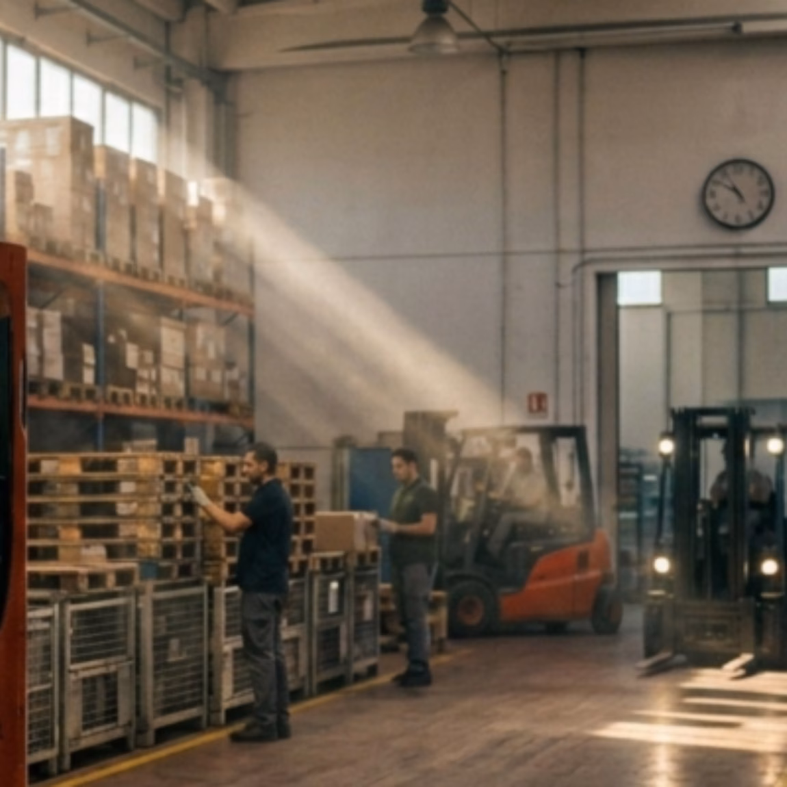Die Mitarbeiter arbeiten in einem geschäftigen Lagerbetrieb mit Palettenregalen, Gabelstaplern und Lagerbereichen, wobei der Schwerpunkt auf Lagerbetrieb, Logistikmanagement, Bestandsverwaltung, Effizienz der Lieferkette und Distributionsdienstleistungen in einem modernen industriellen Umfeld liegt.