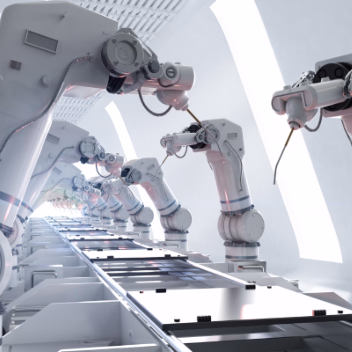 Mehrere Roboterarme arbeiten entlang einer automatisierten Fertigungslinie in einer Hightech-Fertigungsumgebung und veranschaulichen dabei industrielle Automatisierung, Präzisionstechnik, intelligente Fertigung, Prozesseffizienz und fortschrittliche Produktionstechnologie.