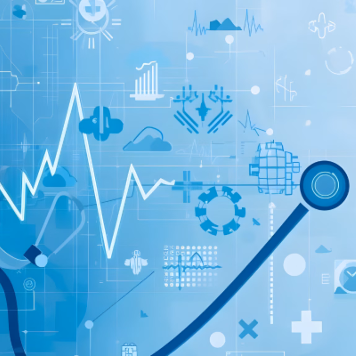 Digital healthcare dashboard featuring medical icons, data visualizations, and a stethoscope, representing healthcare analytics, medical technology, clinical data management, regulatory compliance, and evidence-based decision making in the healthcare sector.