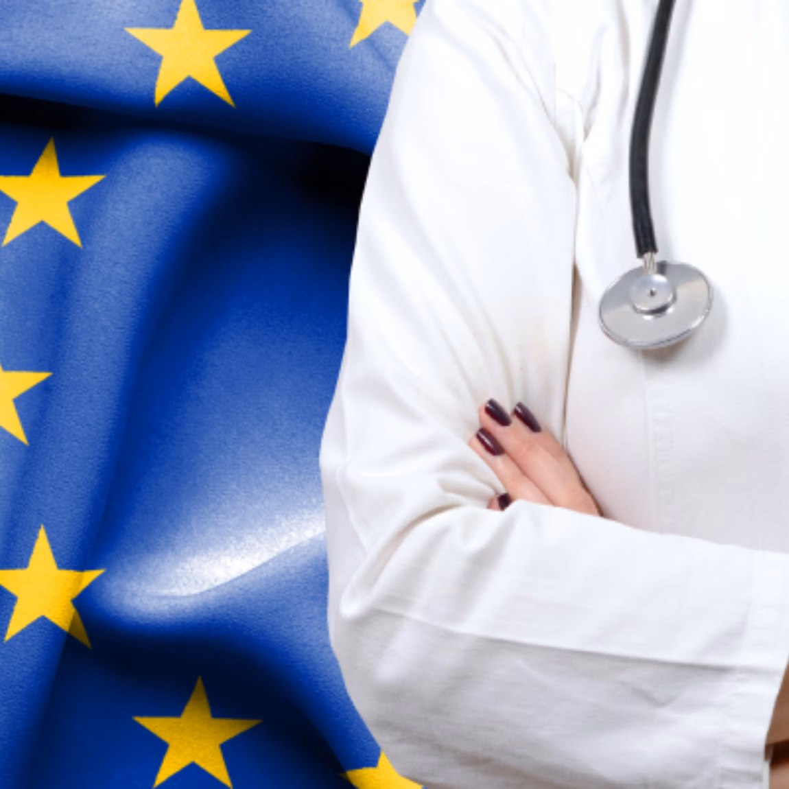Ein medizinischer Fachangestellter in weißem Kittel und mit einem Stethoskop steht vor der Flagge der Europäischen Union und symbolisiert damit die europäischen Vorschriften für Medizinprodukte, die Einhaltung gesetzlicher Vorschriften im Gesundheitswesen, klinisches Fachwissen, regulatorische Fragen sowie den Zugang zum Gesundheitsmarkt innerhalb der EU.