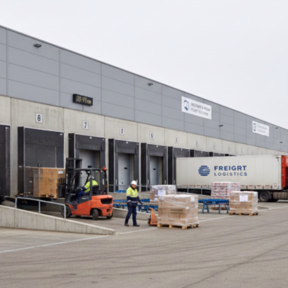 Ein modernes Logistiklager, ausgestattet mit Laderampen, LKWs, Gabelstaplern und palettierten Gütern, mit Schwerpunkt auf effizienten Lager- und Distributionsdienstleistungen, Lieferkettenmanagement und gewerblichem Transport.