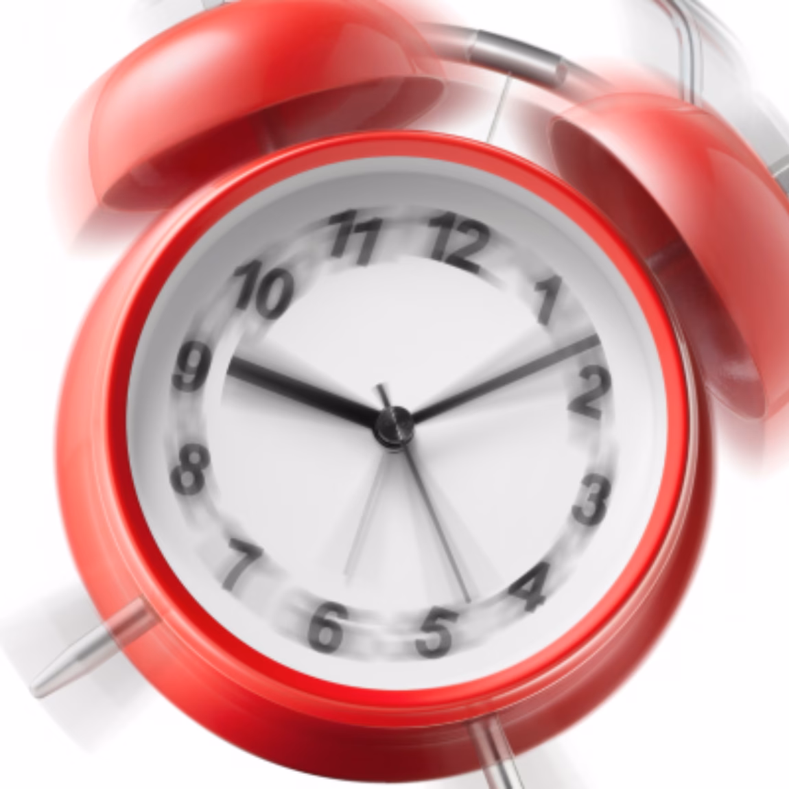 Ein roter, sich bewegender Wecker mit einer Glocke und kaum sichtbaren Zeigern, der schnelle Durchlaufzeiten, effizientes Projektmanagement, reaktionsschnellen Kundenservice und schnelle Lösungen in den Bereichen Prüfung und Konformität symbolisiert.