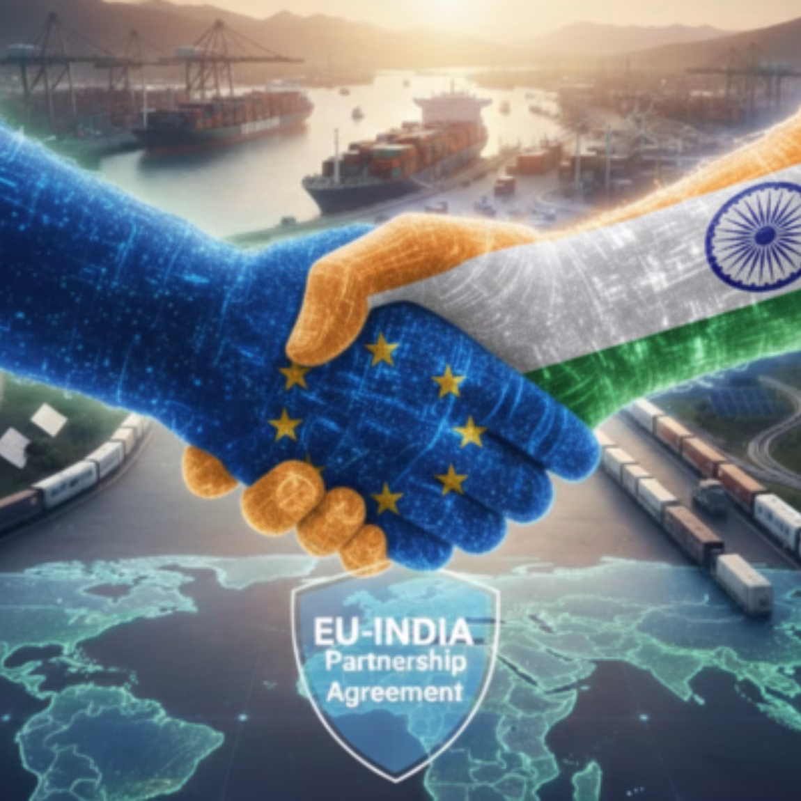 Darstellung eines Händedrucks zwischen der Europäischen Union und Indien, symbolisiert durch ihre jeweiligen Flaggen, vor dem Hintergrund globaler Seewege und Transportnetze, mit Schwerpunkt auf internationalen Handelsabkommen, der Zusammenarbeit in der Lieferkette und grenzüberschreitenden Handelspartnerschaften.