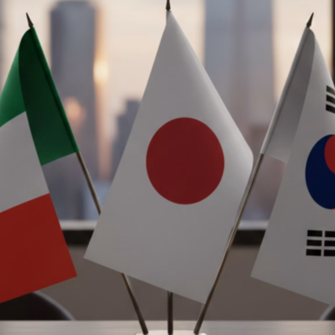 In einem Büro sind Tischflaggen mit den Nationalflaggen Italiens, Japans und Südkoreas ausgestellt. Sie symbolisieren internationale Zusammenarbeit, globale Partnerschaften und grenzüberschreitende Zusammenarbeit in den Bereichen Forschung, Evaluation und Qualitätssicherung.