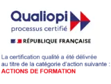 Qualiopi certification logo displayed with French Republic accreditation references, highlighting certified training programs, professional development services, quality assurance, regulatory compliance, and recognized standards for workforce education and skills development in France.
