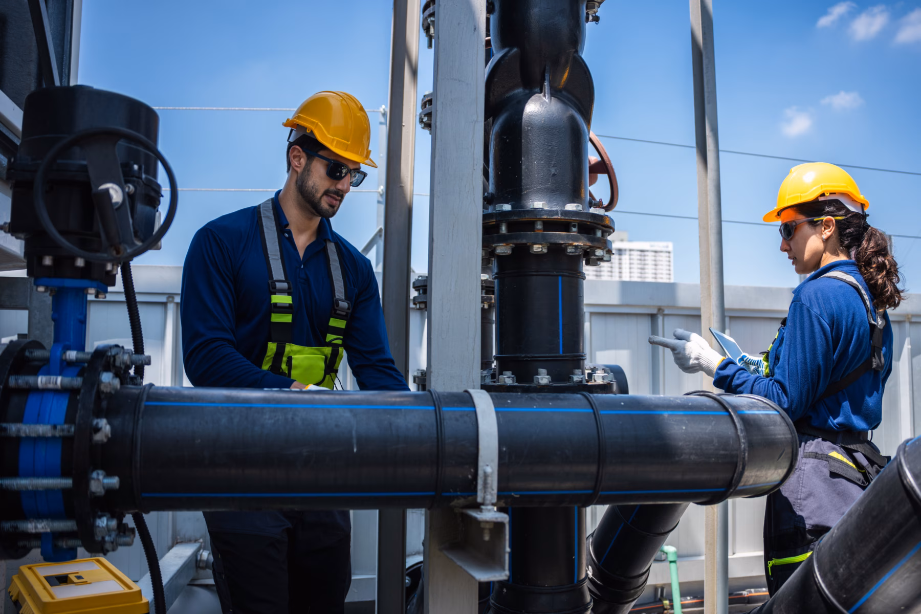 Zwei Techniker überprüfen im Rahmen von Inspektions- und Wartungsarbeiten ein industrielles Rohrleitungssystem.