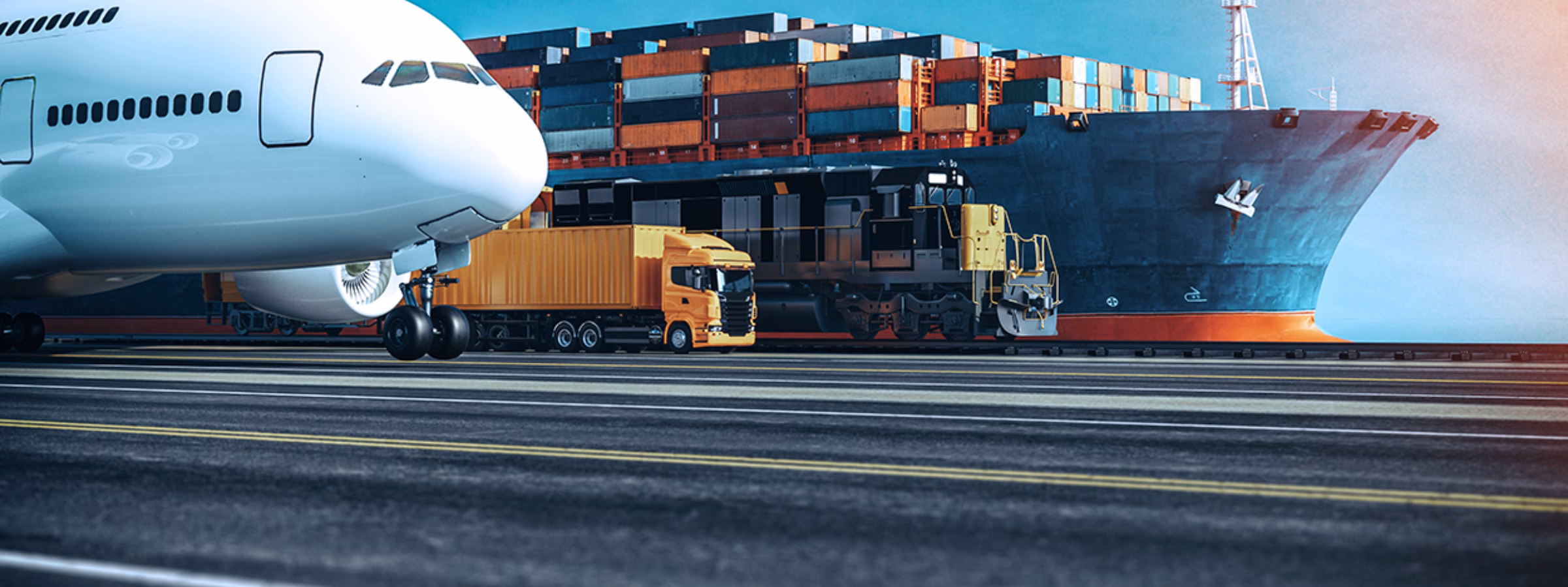 Vrachttransport met containerschip, vrachtwagen en vliegtuig in een logistieke havenomgeving