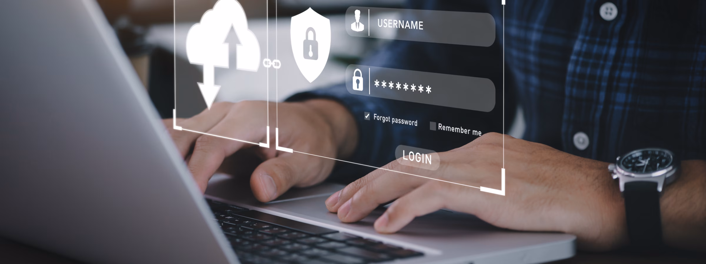 user typing login and password in the concept of cyber security, information security, data protection, and encryption for secure access to user's personal information