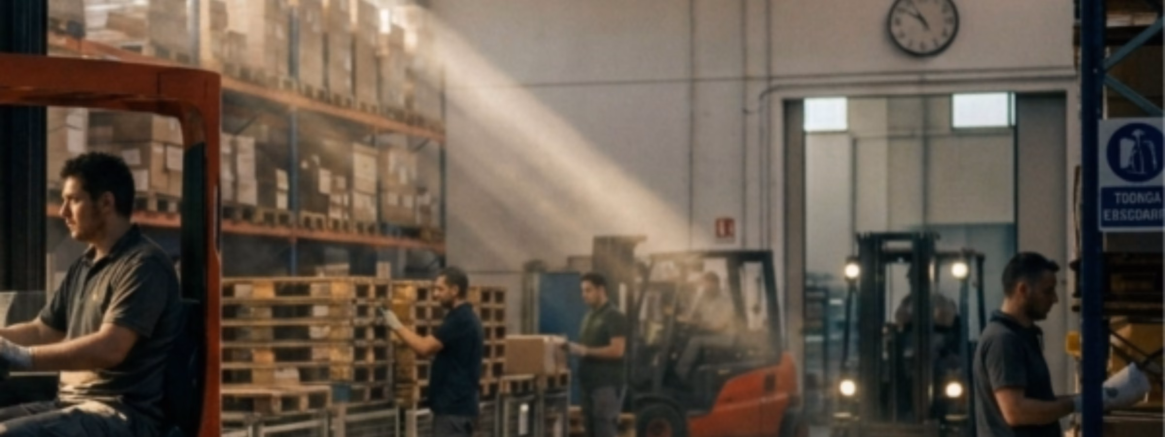 Die Mitarbeiter arbeiten in einem geschäftigen Lagerbetrieb mit Palettenregalen, Gabelstaplern und Lagerbereichen, wobei der Schwerpunkt auf Lagerbetrieb, Logistikmanagement, Bestandsverwaltung, Effizienz der Lieferkette und Distributionsdienstleistungen in einem modernen industriellen Umfeld liegt.