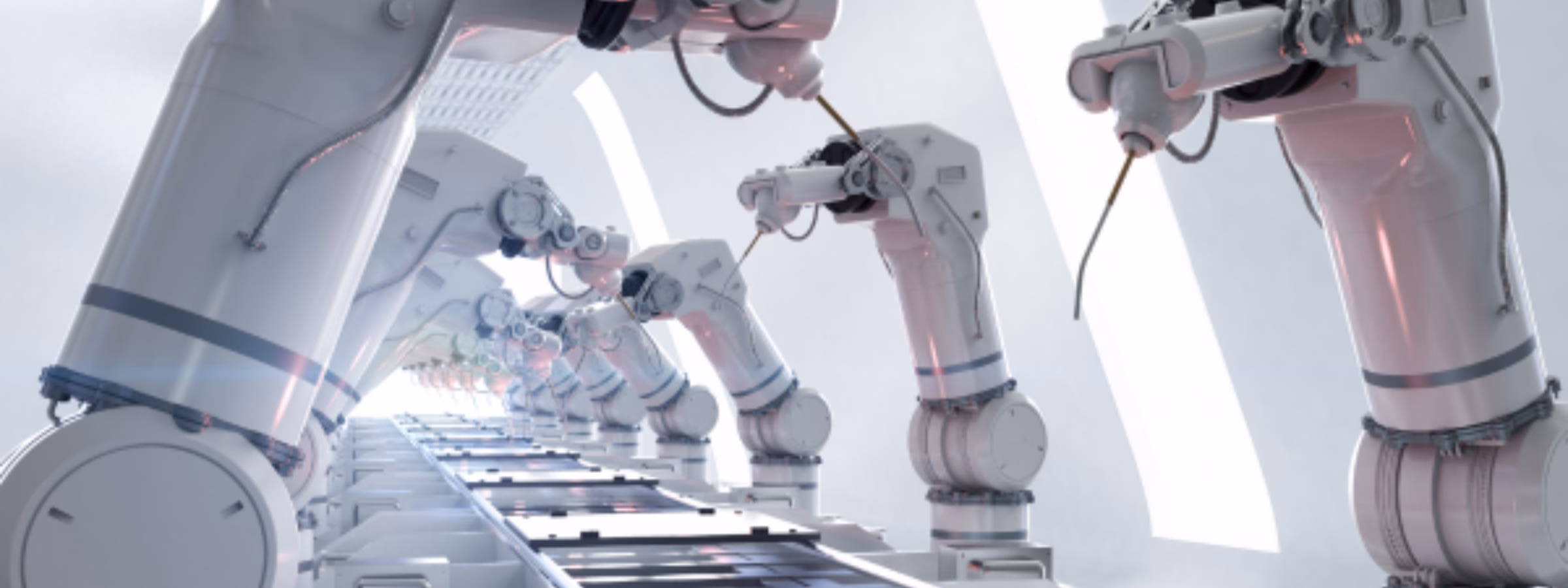 Mehrere Roboterarme arbeiten entlang einer automatisierten Fertigungslinie in einer Hightech-Fertigungsumgebung und veranschaulichen dabei industrielle Automatisierung, Präzisionstechnik, intelligente Fertigung, Prozesseffizienz und fortschrittliche Produktionstechnologie.