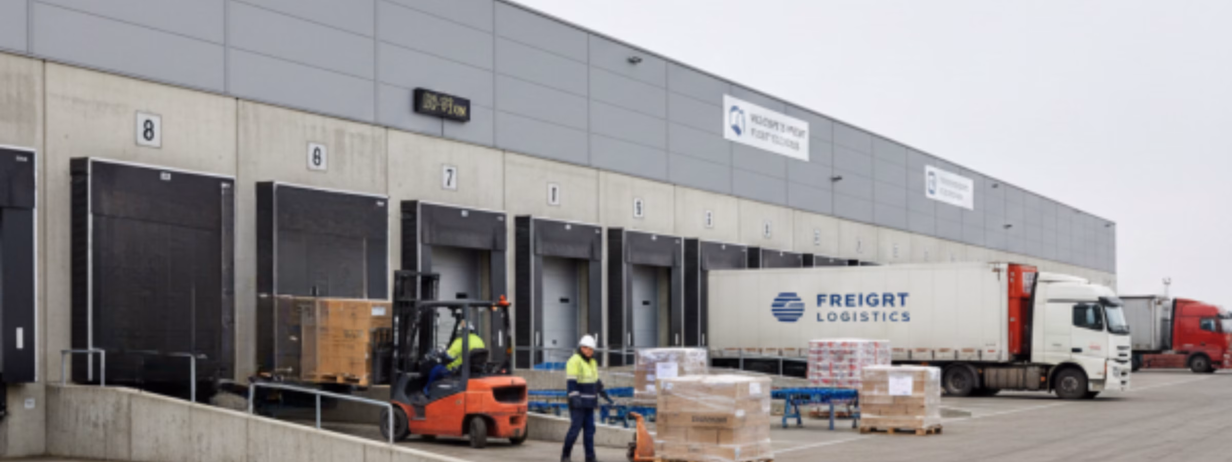 Ein modernes Logistiklager, ausgestattet mit Laderampen, LKWs, Gabelstaplern und palettierten Gütern, mit Schwerpunkt auf effizienten Lager- und Distributionsdienstleistungen, Lieferkettenmanagement und gewerblichem Transport.