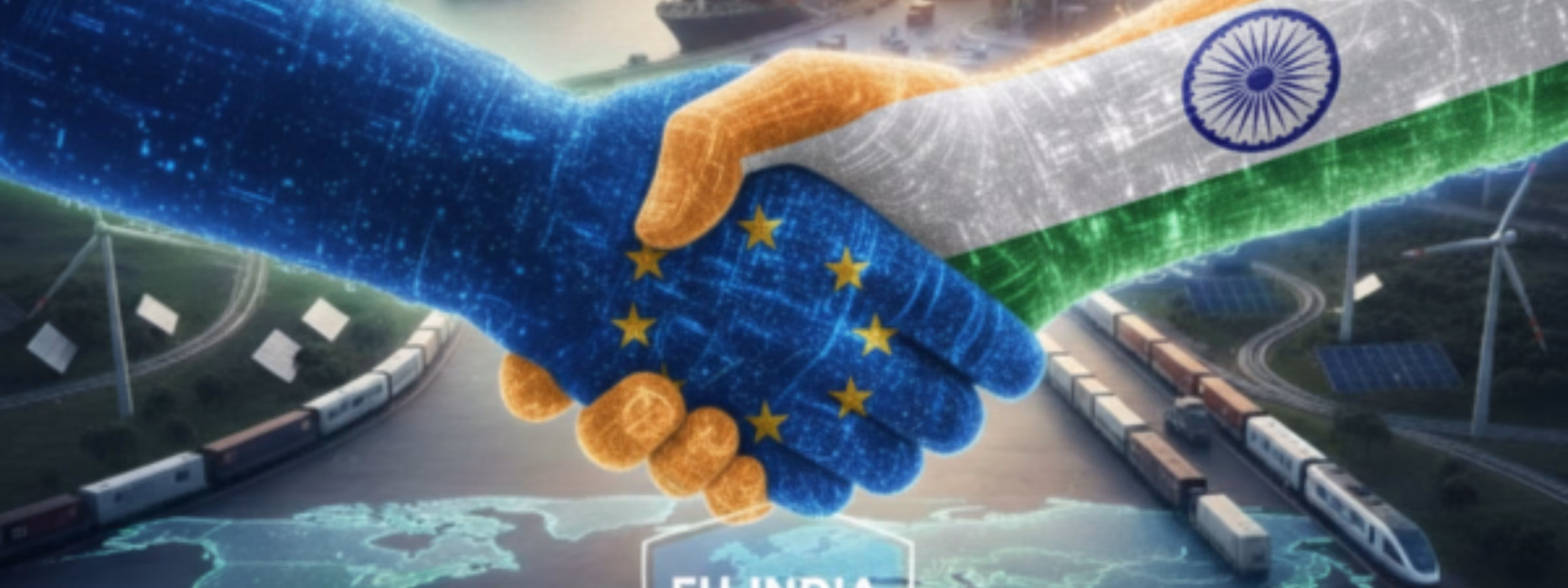 Darstellung eines Händedrucks zwischen der Europäischen Union und Indien, symbolisiert durch ihre jeweiligen Flaggen, vor dem Hintergrund globaler Seewege und Transportnetze, mit Schwerpunkt auf internationalen Handelsabkommen, der Zusammenarbeit in der Lieferkette und grenzüberschreitenden Handelspartnerschaften.