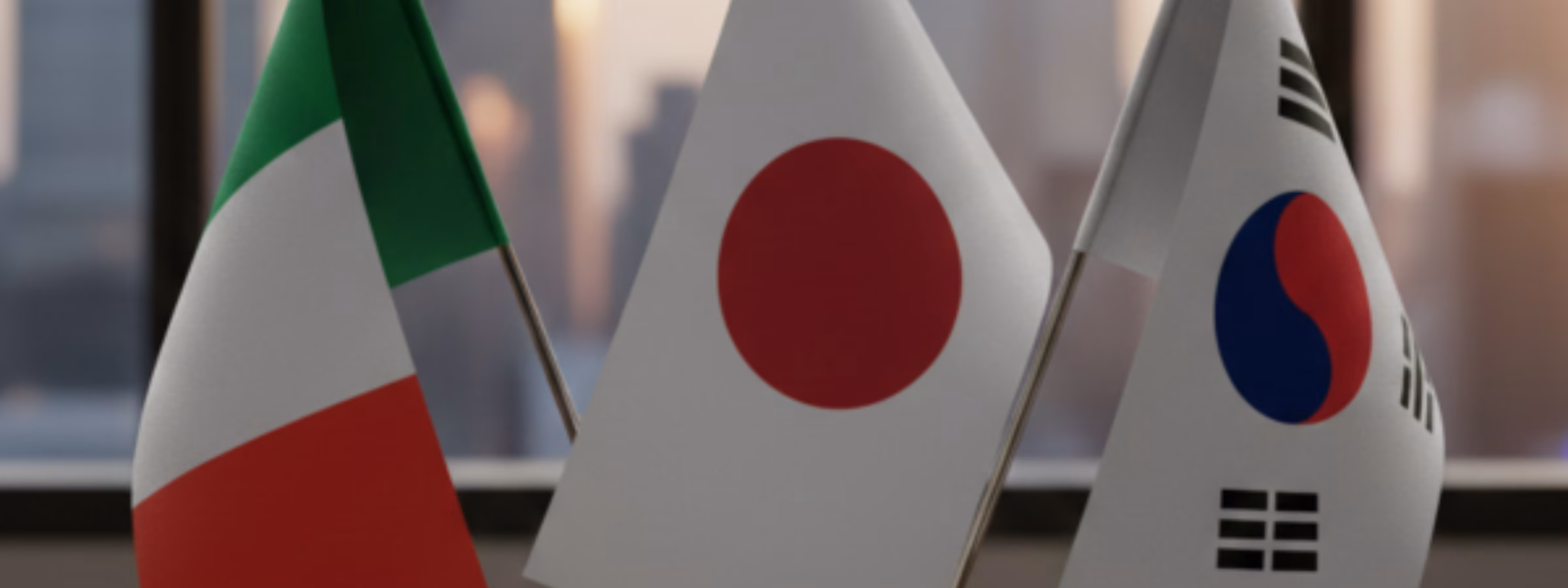 In einem Büro sind Tischflaggen mit den Nationalflaggen Italiens, Japans und Südkoreas ausgestellt. Sie symbolisieren internationale Zusammenarbeit, globale Partnerschaften und grenzüberschreitende Zusammenarbeit in den Bereichen Forschung, Evaluation und Qualitätssicherung.