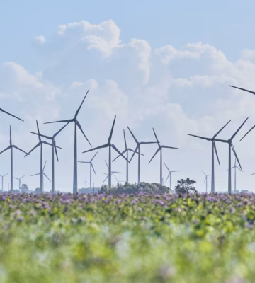 Éoliennes situées dans une vaste zone agricole, visibles au-dessus d’un champ de cultures en fleurs.