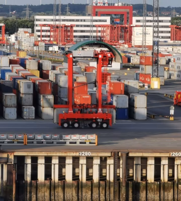 Vue d'ensemble d'un grand terminal à conteneurs où des centaines de conteneurs maritimes sont stockés en longues rangées. Des grues à portique rouges et des engins de manutention déplacent les conteneurs sur le site le long du quai, dans le cadre des flux logistiques et des mouvements internationaux de marchandises.