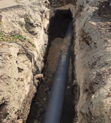 Une canalisation en plastique gris repose dans une tranchée étroite creusée entre la terre et les gravats. L'image montre des travaux sur des infrastructures souterraines, telles que les égouts, le drainage ou les réseaux de services publics, avant le remblayage de la tranchée.