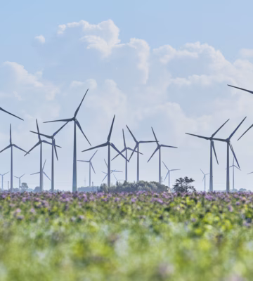 Eine große Anzahl von Windkraftanlagen ist über eine offene Landschaft verteilt, im Vordergrund ist ein blühendes Feld zu sehen. Das Bild zeigt die Kombination aus nachhaltiger Energieerzeugung und Landnutzung in einer ländlichen Umgebung.