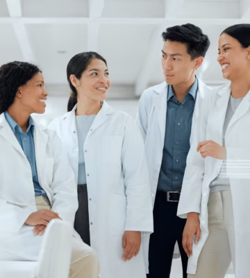 4 scientists in lab coats laughing in a laboratory