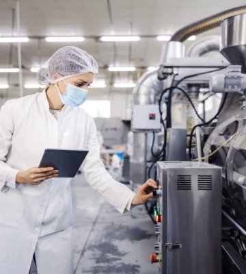 A quality control worker inspects an industrial production line at a food processing plant using a tablet and personal protective equipment.